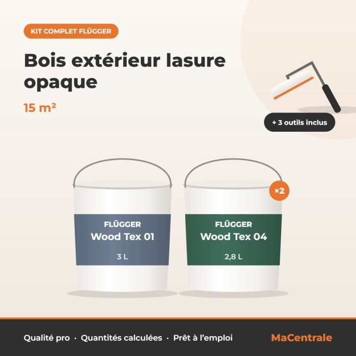 Kit Bois extérieur lasure opaque – 15 m² Kit Bois extérieur lasure opaque – 15 m² – kit peinture Flügger MaCentrale