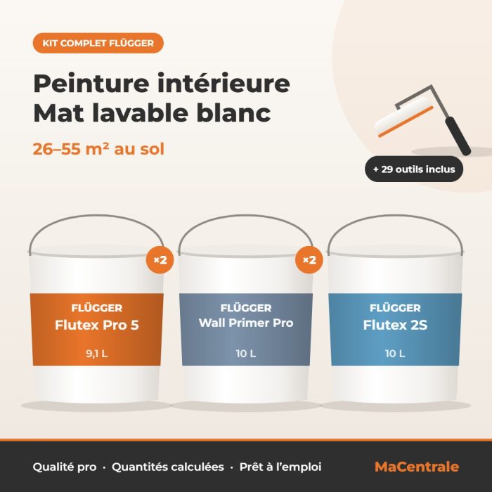 Kit Peinture intérieure Mat lavable blanc – 26–55 m² au sol – kit peinture Flügger MaCentrale