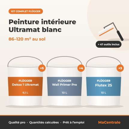 Kit Peinture intérieure Ultramat blanc – 86–120 m² au sol – kit peinture Flügger MaCentrale