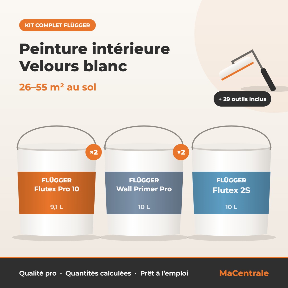 Kit Peinture intérieure Velours blanc – 26–55 m² au sol – kit peinture Flügger MaCentrale