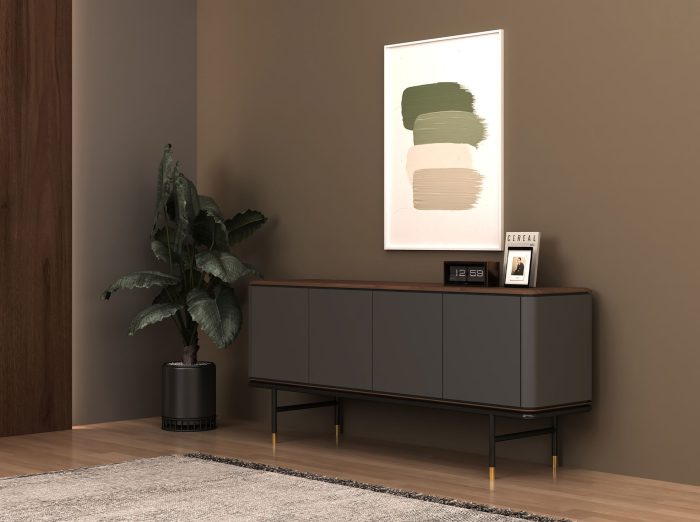 Buffet en bois gris foncé, acier noir et plateau en noyer – Angel Cerdá