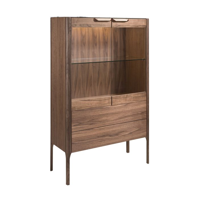 Buffet haut en noyer avec plateau en verre imitation marbre et éclairage intérieur – Angel Cerdá