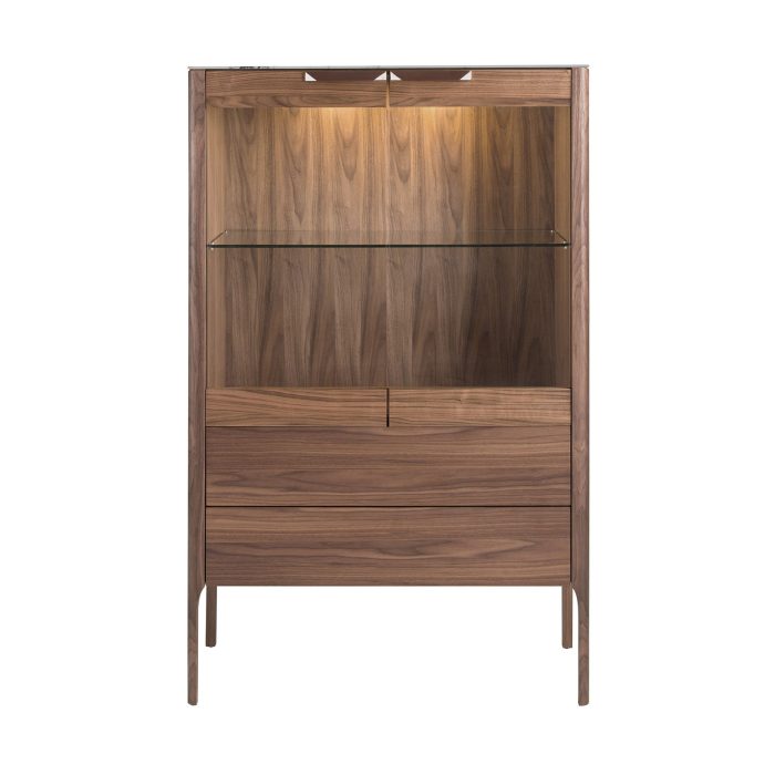 Buffet haut en noyer avec plateau en verre imitation marbre et éclairage intérieur – Angel Cerdá