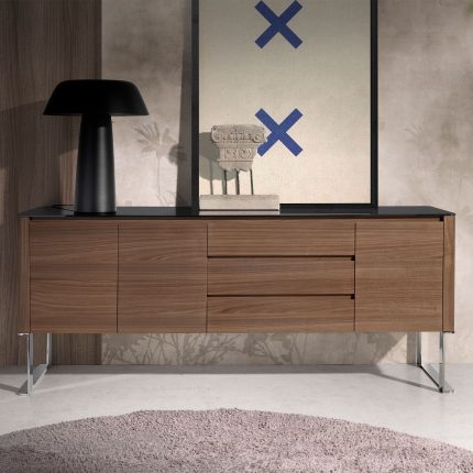 Buffet noyer, acier chromé et plateau en verre noir – Angel Cerdá