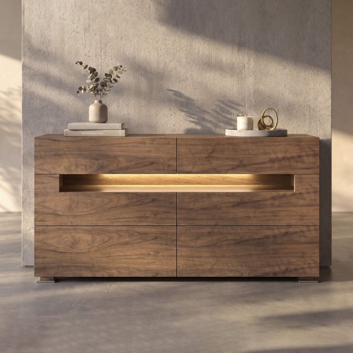 Buffet noyer et acier poli avec éclairage intérieur – Angel Cerdá Buffet noyer et acier poli avec éclairage intérieur – Angel Cerdá
