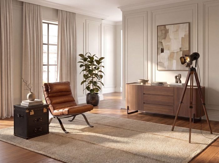 Lampadaire en acier noir et bois de pin couleur noyer – Angel Cerdá