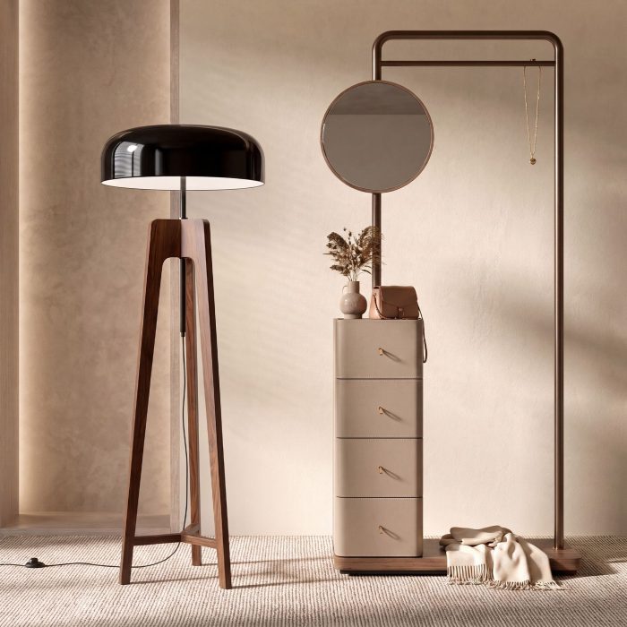 Lampadaire en aluminium noir et blanc et bois de pin couleur noyer – Angel Cerdá