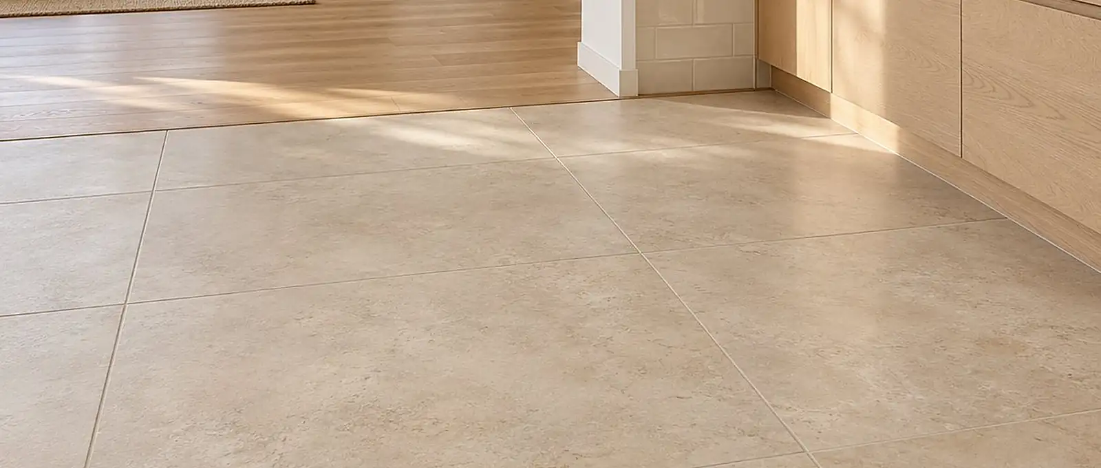 Grand carrelage beige effet pierre dans une pièce de vie ouverte