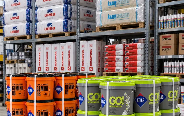 Isolants en laine minérale et enduits stockés sur palettes
