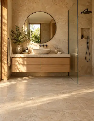 Salle de bain rénovée avec vasque, miroir rond et douche à l'italienne