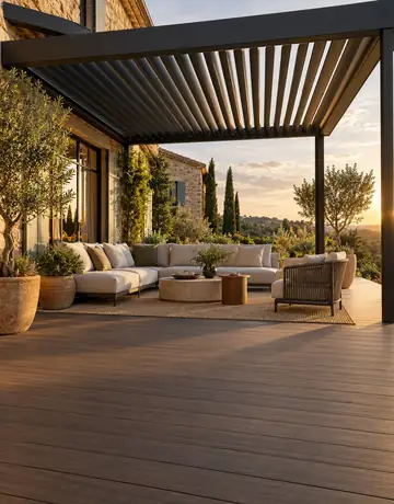 Terrasse aménagée avec pergola à lames orientables et salon d'extérieur