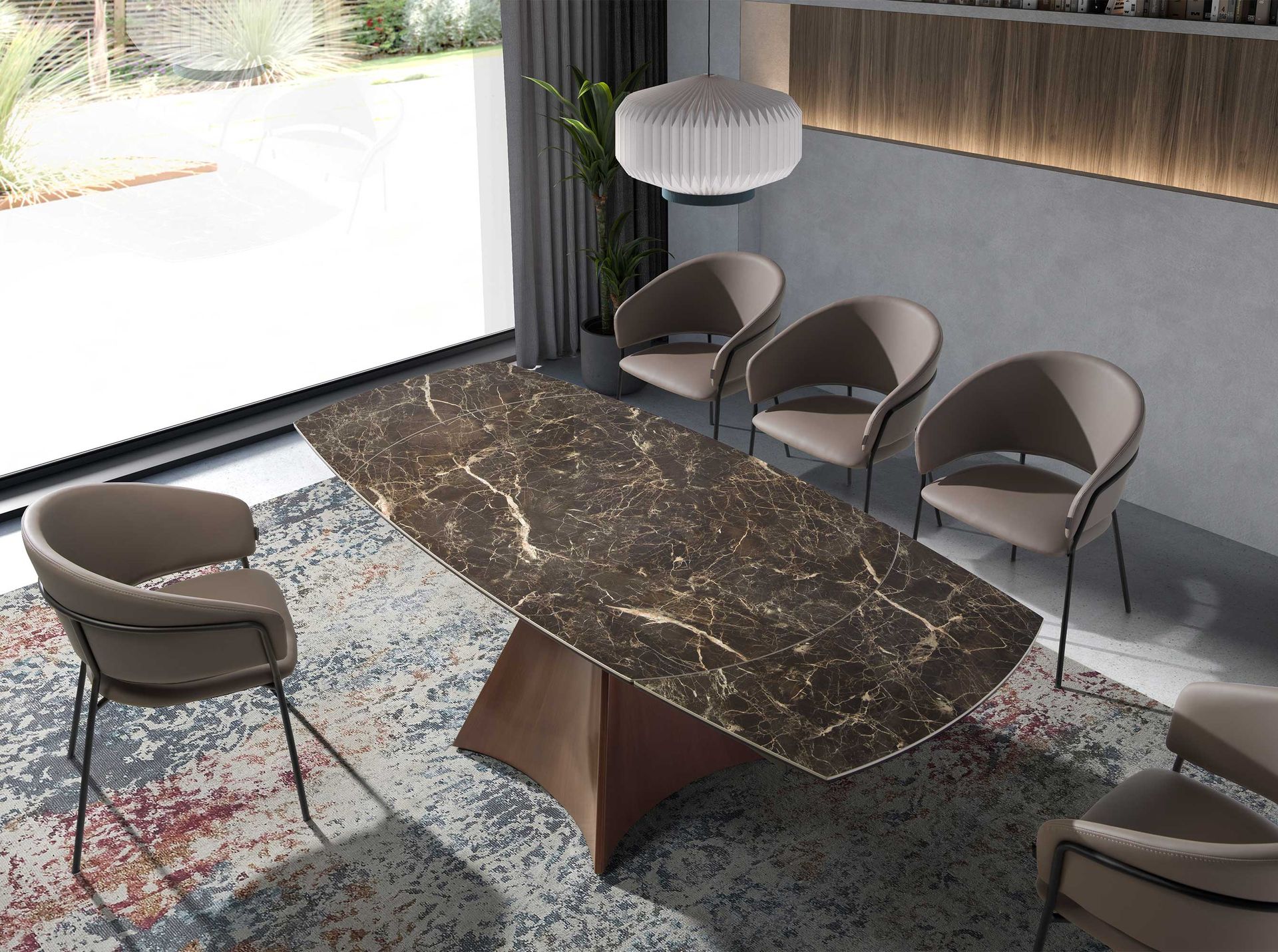 Table à manger à rallonge baril ovale marbre porcelaine et acier effet noyer – Angel Cerdá