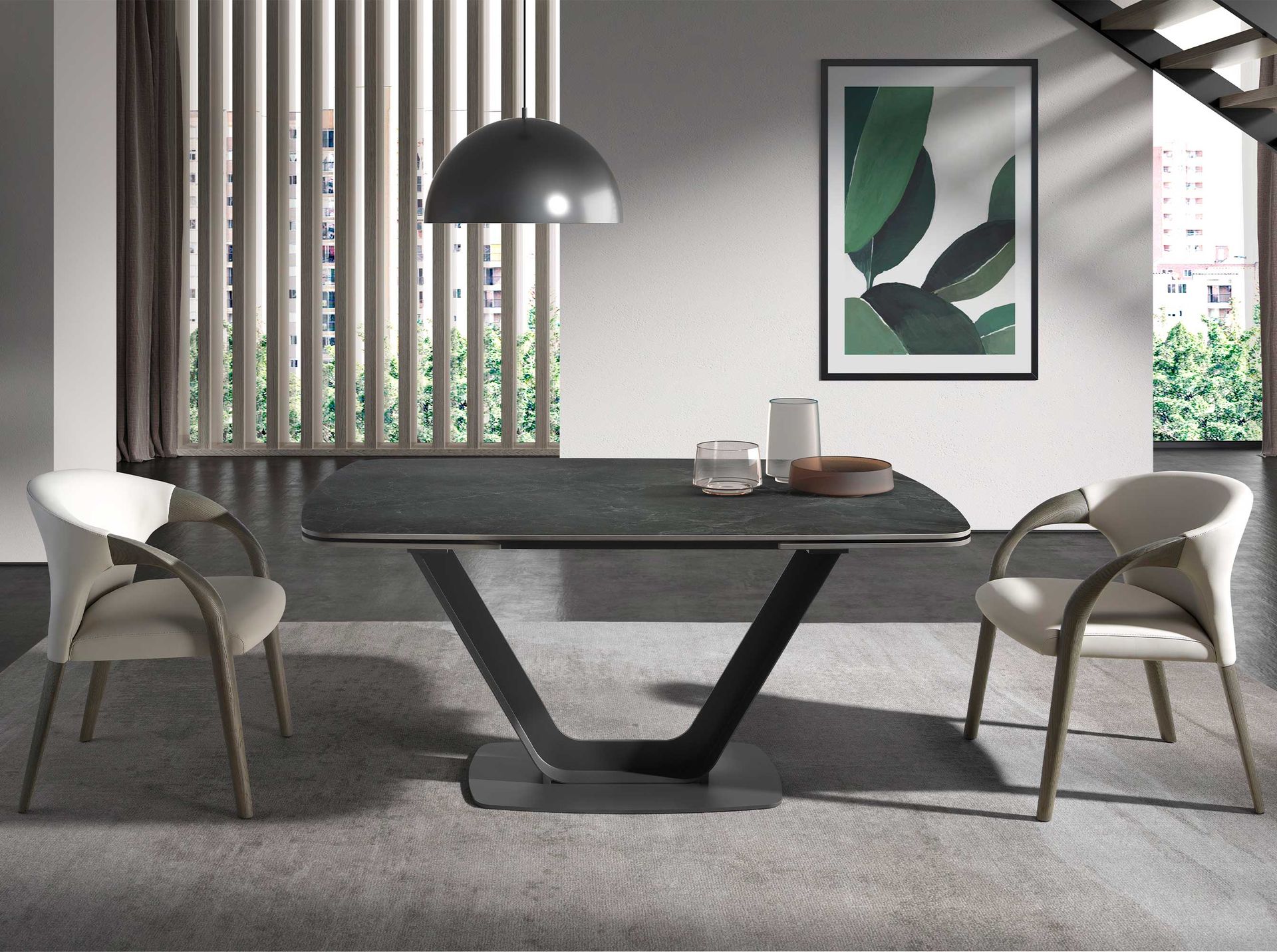 Table à manger à rallonge baril ovale marbre porcelaine et acier noir – Angel Cerdá