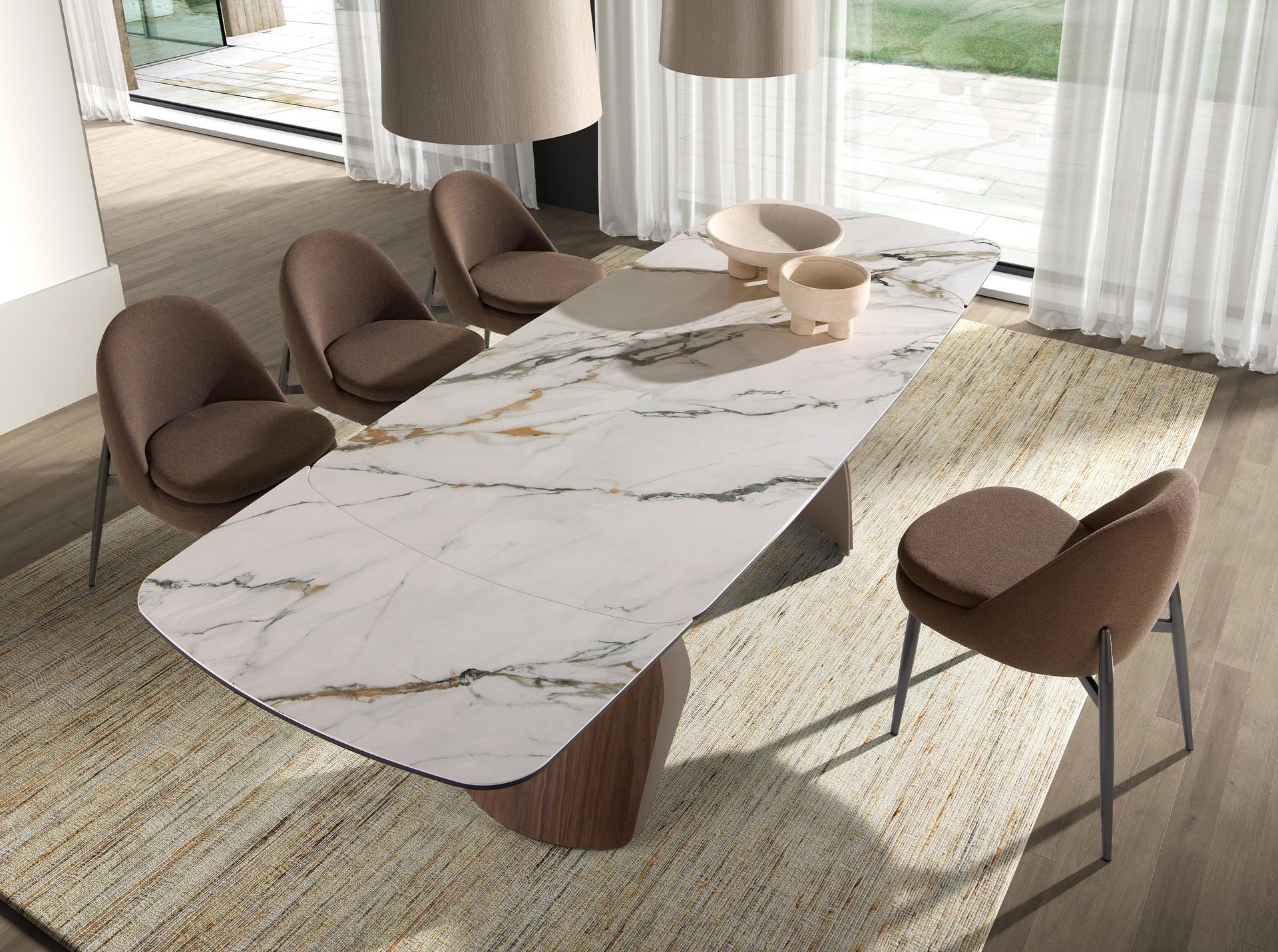 Table de salle à manger extensible ovale en forme de tonneau en marbre porcelanique, acier coloris sable métallisé et bois de noyer – Angel Cerdá