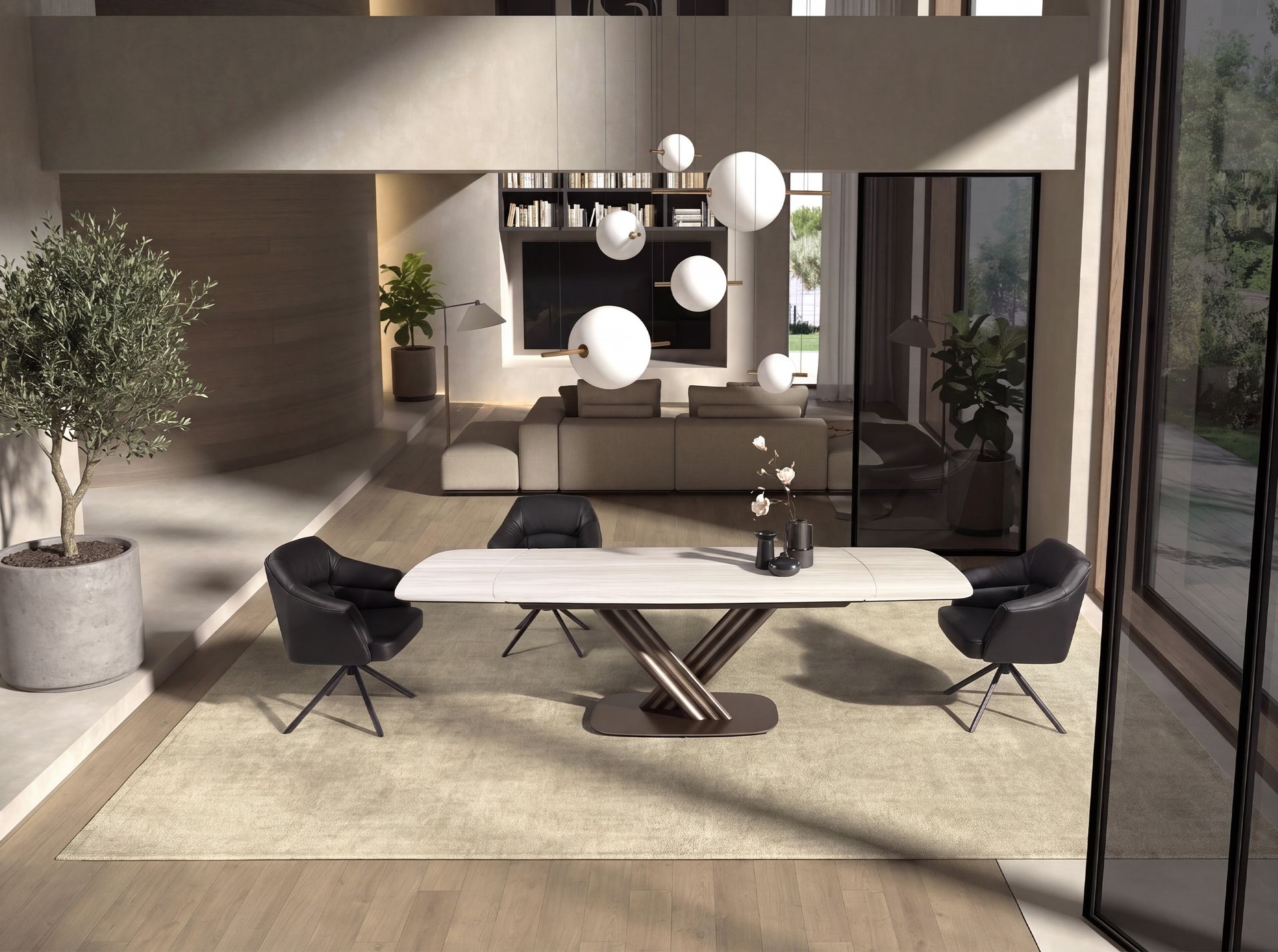 Table de salle à manger extensible ovale tonneau en marbre céramique et acier marron foncé métallisé – Angel Cerdá